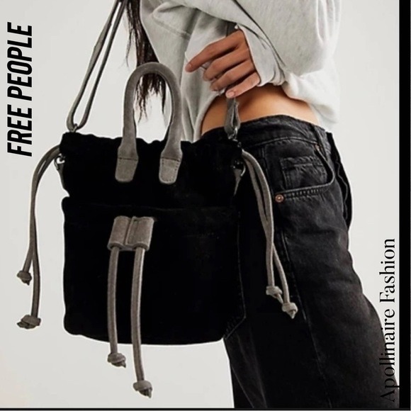 Free People Handbags - Free People Suede Drawstring Bucket Bag Black Gray Crossbody Tote Handbag